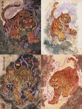 东方奇幻寓言绘本风格，国风工笔线条，复古水彩手绘肌理，完整全身立绘，纯动物原生本体，无化形无人形设计，雄性山林霸主猛虎，体态魁梧壮硕，主色为带红调的赭石赤棕，皮毛覆盖新旧交错的伤痕，面部表情暴躁凶悍，虎目凌厉充满戾气，粗壮虎爪紧紧攥起，周身萦绕紫色雷霆光影，背景是森林木屋篝火场景，窗外暴雨倾盆，暖橙色篝火光影与冷紫色雷霆电光碰撞，强对比光影，雷霆闪电纹、虎啸图腾、山岩龟裂纹自然融入皮毛条纹肌理，画面充满力量感与视觉冲击力，叙事感强，8k 高清，画质细腻，绘本内页插画质感