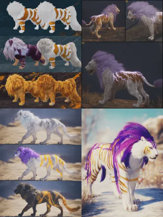 皓月白 70%（基底）+ 帝王紫 20%（层次）+ 赤金色 10%（点睛），三色完全融入毛发肌理，而非生硬拼接，同时和雷电属性深度绑定。 版本 1：纯兽四足版（适配其他角色为原生四足兽型的阵容） 毛发分层设计 通体底毛为带珠光质感的皓月白，不是死白，而是自带细微的柔光质感，既是视觉基底，也是设定里的「天然绝缘层」，隔绝雷电反噬，完美适配雷属性。 核心鬃毛（从头顶延伸至脊背、胸口）、尾尖、四肢腿毛，做渐变过渡：根部为浓郁的帝王紫，向毛尖逐步晕染成赤金色，跑动时鬃毛翻飞，紫金白三色层次分明，不会乱成一团。 传统虎纹直接重构为闪电雷纹，摒弃常规横纹，把虎斑做成不规则的分叉闪电形态，常态下是深紫金的暗纹，贴服在白色底毛上，只有凑近才能看清；蓄力时纹路亮起，完全和虎的原生体态融合，毫无拼接感。 核心闪电标识 & 生理细节 额头的「王」字直接做成闭合式闪电图腾，是整个角色的力量核心，也是雷纹的总开关，常态下是暗紫金纹路，全力爆发时会亮起刺眼的金白电光，一眼就能抓住虎 + 雷的核心记忆点。 爪垫、犬齿、利爪均为半透明的紫金质感，爪垫内藏细密的导电雷纹，落地时可引动地面雷电；发力时爪尖、犬齿会缠绕细碎闪电，自带威慑力。 瞳孔为竖瞳，常态是深紫色，情绪激动 / 战斗时转为赤金色，眼白会泛起淡淡的电光，情绪传递完全靠兽类的原生体态，和其他纯兽角色的表达逻辑完全同频。 体态设计 摒弃臃肿的常规虎型，走流线型力量感路线，肩高腿长、腰背紧致，兼具虎的绝对爆发力和雷电的极致速度感，不会显得笨重，跑动时像一道紫金闪电，符合雷属性的定位。