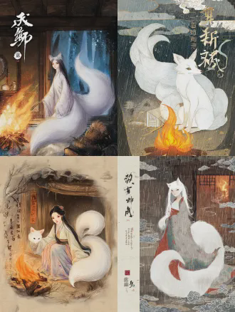 东方奇幻寓言绘本风格，国风工笔线条，复古水彩手绘肌理，完整全身角色立绘，兽头人身，单尾雌性千年白狐，体态优雅纤细，蓬松修长的单根白色狐尾，眼尾微微上挑，狐狸眼眸通透带着看透世事的淡然，神情平静从容，靠在森林废弃木屋的干燥墙角，前爪轻轻拨弄篝火边的枯枝，背景是木屋篝火场景，窗外暴雨倾盆，暖橙色篝火光影与清冷蓝色月光交织，上古封印符文与流云回纹自然融入单尾皮毛纹理，柔和光影，画面叙事感强，纹样细节拉满，色彩清透雅致，8k 高清，画质细腻，绘本内页插画质感