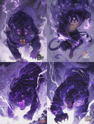 【正向提示词】 masterpiece, best quality, 8k, ultra-detailed, chinese fantasy picture book style, character design sheet, full body shot, full body standing pose, delicate picture book brush strokes, flat color combined with thin coating texture, soft layered light and shadow, rice paper texture background, printable high-definition picture book quality, main subject: a huge and strong male thunder tiger, the overlord of the mountain forest, pure quadruped beast form, the whole body is covered with thick deep purple-black fur, the tip of the fur has an imperial purple gradient, the fur is covered with staggered old and new scars, the mark of countless battles, the forehead has a dark purple lightning totem pattern, the fluffy mane on the shoulders and neck is blown up, full of strength, open mouth roaring, showing sharp fangs, fierce and violent eyes, vertical pupils glowing with bright purple lightning, thick and powerful limbs, sharp claws, surrounded by fine white forked lightning, the lightning effect fits the picture book style, not obtrusive, the overall tone is calm and full of tension, dark purple is the main color, bright purple and white lightning are the finishing touches, the brush strokes are clean and sharp, both wild power and the soft texture of the picture book, in line with the atmosphere of fantasy fable short film, clean light beige background, no redundant debris, highlight the main body of the character 【负面提示词】 lowres, bad anatomy, text, error, cropped, worst quality, low quality, normal quality, jpeg artifacts, signature, watermark, username, blurry, ugly, deformed, noisy, disfigured, extra limbs, fused limbs, inconsistent colors, messy fur, humanoid body, two legs, anthropomorphic, flat lighting, overexposed, photorealistic, 3d render, redundant elements