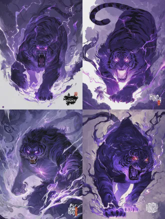 【正向提示词】 masterpiece, best quality, 8k, ultra-detailed, chinese fantasy picture book style, character design sheet, full body shot, full body standing pose, delicate picture book brush strokes, flat color combined with thin coating texture, soft layered light and shadow, rice paper texture background, printable high-definition picture book quality, main subject: a huge and strong male thunder tiger, the overlord of the mountain forest, pure quadruped beast form, the whole body is covered with thick deep purple-black fur, the tip of the fur has an imperial purple gradient, the fur is covered with staggered old and new scars, the mark of countless battles, the forehead has a dark purple lightning totem pattern, the fluffy mane on the shoulders and neck is blown up, full of strength, open mouth roaring, showing sharp fangs, fierce and violent eyes, vertical pupils glowing with bright purple lightning, thick and powerful limbs, sharp claws, surrounded by fine white forked lightning, the lightning effect fits the picture book style, not obtrusive, the overall tone is calm and full of tension, dark purple is the main color, bright purple and white lightning are the finishing touches, the brush strokes are clean and sharp, both wild power and the soft texture of the picture book, in line with the atmosphere of fantasy fable short film, clean light beige background, no redundant debris, highlight the main body of the character 【负面提示词】 lowres, bad anatomy, text, error, cropped, worst quality, low quality, normal quality, jpeg artifacts, signature, watermark, username, blurry, ugly, deformed, noisy, disfigured, extra limbs, fused limbs, inconsistent colors, messy fur, humanoid body, two legs, anthropomorphic, flat lighting, overexposed, photorealistic, 3d render, redundant elements