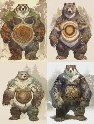 (水彩绘本风格：1.4)，(奇幻寓言国风美学：1.3)，全身完整立绘，全身照，雄性百年守林熊，拟人化，身形庞大厚重却体态温和，脊背挺直如沉默的山，皮毛为深棕渐变灰白，带着岁月沉淀的痕迹，爪子布满老茧，眼神温和坚定，皮毛纹理融合树木年轮纹路，肩背与四肢有树皮脉络、藤蔓枝叶暗纹，胸口有完整古树年轮核心纹路，纹路与皮毛融为一体，自带木质温润质感，气质沉稳木讷，包容厚重，林间柔光，水彩透明叠色，手绘笔触肌理，背景为朦胧落叶松林剪影，画面静谧治愈，厚重感与柔和美感兼具，艺术感拉满，8k 超高清，细节拉满