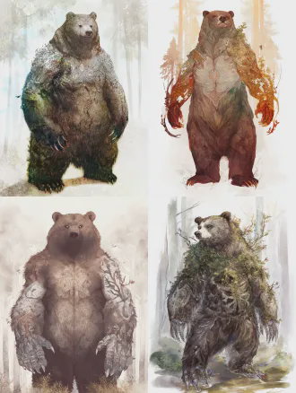 (水彩绘本风格：1.4)，(奇幻寓言国风美学：1.3)，全身完整立绘，全身照，雄性百年守林熊，拟人化，身形庞大厚重却体态温和，脊背挺直如沉默的山，皮毛为深棕渐变灰白，带着岁月沉淀的痕迹，爪子布满老茧，眼神温和坚定，皮毛纹理融合树木年轮纹路，肩背与四肢有树皮脉络、藤蔓枝叶暗纹，胸口有完整古树年轮核心纹路，纹路与皮毛融为一体，自带木质温润质感，气质沉稳木讷，包容厚重，林间柔光，水彩透明叠色，手绘笔触肌理，背景为朦胧落叶松林剪影，画面静谧治愈，厚重感与柔和美感兼具，艺术感拉满，8k 超高清，细节拉满