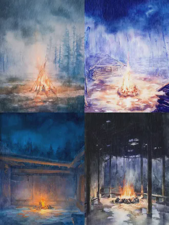 东方奇幻寓言水彩绘本风格，手绘水彩质感，细腻柔和的笔触，富有哲思的故事氛围感，电影级光影叙事，全景大画幅，无人物、无动物、纯空镜，画面层次丰富，无多余杂物，8k 超高清，极致细节，画面干净通透电影级全景大画幅，傍晚暴雨天，森林深处护林人废弃的老旧木屋，四壁漏风，屋顶破洞，暴雨顺着洞口砸落，地面积着浑浊水洼，屋子中央燃烧着噼啪作响的篝火，橘红色火光把木屋结构的影子歪歪扭扭投在斑驳开裂的木墙上，屋外是狂风暴雨裹挟的漆黑密林，雨幕模糊了远处的树影，冷暖光影对冲，暖橘色篝火与冷蓝色暴雨形成强烈对比，雨天潮湿氛围感拉满，空无一人的静谧与荒野暴雨的张力拉满