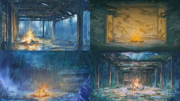 东方奇幻寓言水彩绘本风格，手绘水彩质感，细腻柔和的笔触，富有哲思的故事氛围感，电影级光影叙事，全景大画幅，无人物、无动物、纯空镜，画面层次丰富，无多余杂物，8k 超高清，极致细节，画面干净通透电影级全景大画幅，傍晚暴雨天，森林深处护林人废弃的老旧木屋，四壁漏风，屋顶破洞，暴雨顺着洞口砸落，地面积着浑浊水洼，屋子中央燃烧着噼啪作响的篝火，橘红色火光把木屋结构的影子歪歪扭扭投在斑驳开裂的木墙上，屋外是狂风暴雨裹挟的漆黑密林，雨幕模糊了远处的树影，冷暖光影对冲，暖橘色篝火与冷蓝色暴雨形成强烈对比，雨天潮湿氛围感拉满，空无一人的静谧与荒野暴雨的张力拉满