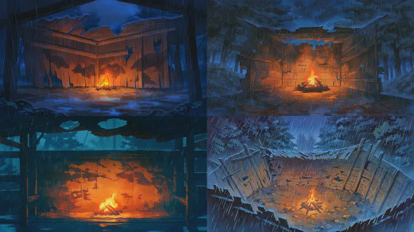 东方奇幻寓言水彩绘本风格，手绘水彩质感，细腻柔和的笔触，富有哲思的故事氛围感，电影级光影叙事，全景大画幅，无人物、无动物、纯空镜，画面层次丰富，无多余杂物，8k 超高清，极致细节，画面干净通透电影级全景大画幅，傍晚暴雨天，森林深处护林人废弃的老旧木屋，四壁漏风，屋顶破洞，暴雨顺着洞口砸落，地面积着浑浊水洼，屋子中央燃烧着噼啪作响的篝火，橘红色火光把木屋结构的影子歪歪扭扭投在斑驳开裂的木墙上，屋外是狂风暴雨裹挟的漆黑密林，雨幕模糊了远处的树影，冷暖光影对冲，暖橘色篝火与冷蓝色暴雨形成强烈对比，雨天潮湿氛围感拉满，空无一人的静谧与荒野暴雨的张力拉满