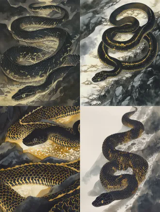 (国风奇幻寓言水彩绘本风:1.5)，(统一手绘水彩质感:1.4)，透明叠色晕染，柔和边缘笔触，柔和光影，统一治愈系寓言画面调性，全身完整立绘，全身照，8k超高清，极致细节，画面干净无冗余元素，艺术氛围感拉满 雄性墨黑毒蛇，全身完整舒展构图，通体鳞片细腻如墨玉，身体线条流畅诡谲，竖瞳冷冽锐利，微吐信子，墨黑鳞片上布满暗金色低饱和半透明荆棘纹路，鳞片间隙有极浅的暗影骷髅暗纹，身体中段有浅淡乱石坡碎石纹理暗纹，纹路仅在光影下若隐若现，气质阴险狡诈，蛰伏暗处的城府感，背景为朦胧乱石坡阴影水彩剪影，暗调柔焦侧光氛围