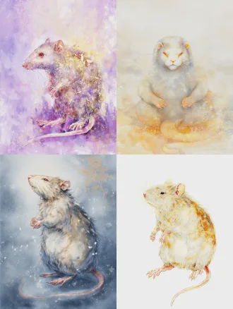 (国风奇幻寓言水彩绘本风:1.5)，(统一手绘水彩质感:1.4)，透明叠色晕染，柔和边缘笔触，柔和光影，统一治愈系寓言画面调性，全身完整立绘，全身照，8k超高清，极致细节，画面干净无冗余元素，艺术氛围感拉满 雄性鼠群首领，拟人化，身形小巧敏捷，体态灵动舒展，蓬松柔软的浅灰暖棕皮毛，圆溜溜的眼睛机警灵动，薄而灵敏的耳朵，纤细有力的爪尖，皮毛上布满极浅淡、低饱和、若隐若现的浅金色谷穗、坚果壳纹理暗纹，胸口与脸颊有柔焦弱化的暖光星点细痕，四肢有几乎与皮毛融为一体的雪花脉络浅纹，无强发光效果，纹路完全贴合皮毛质感，气质机警柔软，带着守护族群的责任感，背景为朦胧雪地松林水彩剪影，雪夜暖柔光氛围