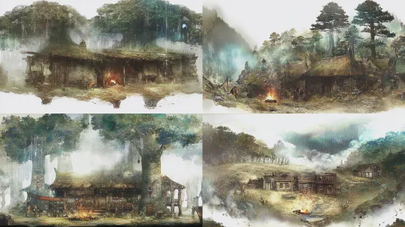 东方奇幻寓言水彩绘本风格，手绘水彩质感，细腻柔和笔触，哲思故事氛围，高空俯瞰全景鸟瞰，电影宽幅，无人物无动物，纯空景，森林深处废弃守林人木屋，斑驳木墙漏顶，古树环绕如绿海，暴雨黄昏，雨幕朦胧透明水纹，屋内篝火透出暖橙柔光与冷蓝雨夜形成冷暖对比，湿滑落叶泥泞水洼，8k超高清，极致细节，丰富画面层次，景深饱满，画面洁净通透。