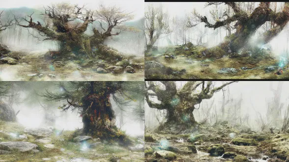 电影级全景大画幅，春日清晨的百年落叶松林，漫山遍野的新绿，落叶松枝头抽出嫩黄的新芽，地面的残雪正在消融，汇成细碎的溪流漫过铺满青苔的青石，林间飘着轻薄的晨雾，春雨过后的湿润感拉满；画面核心：林间中央一棵巨大的百年落叶松，苍劲的枝干向四周舒展，松下平整的青石上，静静躺着一只通透的玻璃罐，周身泛着淡淡的柔光，阳光穿过晨雾与新芽，在地面投下细碎的光斑，主色调为嫩绿色、鹅黄色、浅青色，治愈空灵，充满新生的温柔力量，森林纵深感拉满