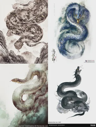 (国风奇幻寓言水彩绘本风:1.5)，(统一手绘水彩质感:1.4)，透明叠色晕染，柔和边缘笔触，暗调柔焦侧光，统一治愈系寓言画面调性，全身完整立绘，全身照，8k超高清，极致细节，画面干净无冗余元素，艺术氛围感拉满 纯兽型雄性墨黑毒蛇，(慵懒松弛的盘绕姿态:1.3)，贴合“常年蛰伏暗处”的人设，通体鳞片细腻如墨玉，身体线条流畅诡谲，竖瞳冷冽锐利，微吐信子，墨黑鳞片上布满暗金色低饱和半透明荆棘纹路，鳞片间隙有极浅的暗影骷髅暗纹，身体中段有浅淡乱石坡碎石纹理暗纹，纹路仅在光影下若隐若现，气质阴险狡诈，蛰伏暗处的城府感，无多余尖刺，背景为朦胧乱石坡阴影水彩剪影，水墨晕染质感