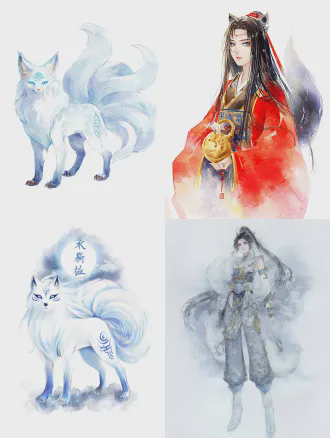 (国风奇幻寓言水彩绘本风:1.5)，(统一手绘水彩质感:1.4)，透明叠色晕染，柔和边缘笔触，柔和月光光影，统一治愈系寓言画面调性，全身完整立绘，全身照，8k超高清，极致细节，画面干净无冗余元素，艺术氛围感拉满 纯兽型千年雌性九尾白狐，(蓬松完整的九条尾巴:1.8)，身姿优雅纤长，眼尾微微上挑，冰蓝色眼眸通透淡然，带着看透世事的从容智者气质，耳尖与四肢有浅黑渐变，皮肤与九尾皮毛布满(淡蓝色半透明上古封印符文纹路:1.4)，眼尾有细碎月相符文细痕，符文泛着柔焦浅淡柔光，无多余装饰，气质清冷智慧，从容通透，背景为朦胧古祭坛水彩剪影，满月柔光氛围