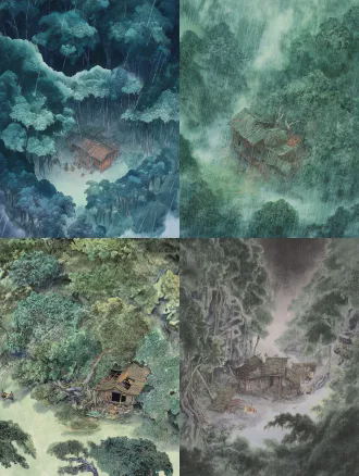 无人物、无动物、无任何生灵、纯空镜大场景，东方奇幻寓言水彩绘本风格，国际获奖插画质感，300g 粗纹水彩纸肌理，手工叠色晕染，干湿笔触结合，低饱和度高级配色，电影级光影叙事，超广角全景大画幅，极致景深，8k 超高清，细节拉满，画面干净通透，垂直高空鸟瞰航拍视角，电影级宽银幕画幅；画面核心：深山密林中央的空地，坐落着护林人遗留的废弃老旧木屋，木质墙体斑驳开裂、四壁漏风，屋顶有一处标志性破洞，木屋四周被层层叠叠的参天古树紧密环绕，浓密树冠连成墨绿色林海，交错枝桠包裹住整片空地；环境光影：原剧本同款暴雨黄昏，倾盆暴雨笼罩整片森林，高空视角下雨幕形成朦胧通透的水纹质感，木屋中央的篝火透过屋顶破洞、墙体缝隙透出暖橘色柔光，在冷蓝色雨夜林海中形成极致冷暖对冲，像暗夜里的一颗孤星，地面铺满潮湿落叶与泥泞水洼，雨天潮湿氛围感拉满，森林纵深感极强 负面提示：无人物、无动物、无角色、无生灵、无 ai 崩坏、无畸形结构、无过曝死黑、无模糊失焦、无水印文字、无多余杂物、无卡通 q 版、无写实照片感、无脏色灰蒙