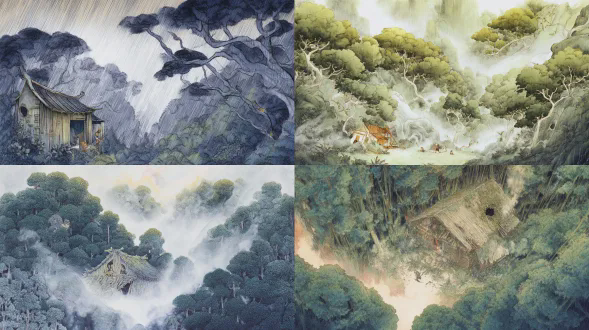 无人物、无动物、无任何生灵、纯空镜大场景，东方奇幻寓言水彩绘本风格，国际获奖插画质感，300g 粗纹水彩纸肌理，手工叠色晕染，干湿笔触结合，低饱和度高级配色，电影级光影叙事，超广角全景大画幅，极致景深，8k 超高清，细节拉满，画面干净通透，垂直高空鸟瞰航拍视角，电影级宽银幕画幅；画面核心：深山密林中央的空地，坐落着护林人遗留的废弃老旧木屋，木质墙体斑驳开裂、四壁漏风，屋顶有一处标志性破洞，木屋四周被层层叠叠的参天古树紧密环绕，浓密树冠连成墨绿色林海，交错枝桠包裹住整片空地；环境光影：原剧本同款暴雨黄昏，倾盆暴雨笼罩整片森林，高空视角下雨幕形成朦胧通透的水纹质感，木屋中央的篝火透过屋顶破洞、墙体缝隙透出暖橘色柔光，在冷蓝色雨夜林海中形成极致冷暖对冲，像暗夜里的一颗孤星，地面铺满潮湿落叶与泥泞水洼，雨天潮湿氛围感拉满，森林纵深感极强 负面提示：无人物、无动物、无角色、无生灵、无 ai 崩坏、无畸形结构、无过曝死黑、无模糊失焦、无水印文字、无多余杂物、无卡通 q 版、无写实照片感、无脏色灰蒙