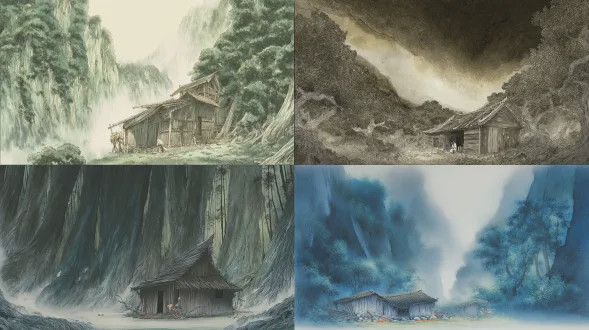 无人物、无动物、无任何生灵、纯空镜大场景，东方奇幻寓言水彩绘本风格，国际获奖插画质感，300g 粗纹水彩纸肌理，手工叠色晕染，干湿笔触结合，低饱和度高级配色，电影级光影叙事，超广角全景大画幅，极致景深，8k 超高清，细节拉满，画面干净通透，垂直高空鸟瞰航拍视角，电影级宽银幕画幅；画面核心：深山密林中央的空地，坐落着护林人遗留的废弃老旧木屋，木质墙体斑驳开裂、四壁漏风，屋顶有一处标志性破洞，木屋四周被层层叠叠的参天古树紧密环绕，浓密树冠连成墨绿色林海，交错枝桠包裹住整片空地；环境光影：原剧本同款暴雨黄昏，倾盆暴雨笼罩整片森林，高空视角下雨幕形成朦胧通透的水纹质感，木屋中央的篝火透过屋顶破洞、墙体缝隙透出暖橘色柔光，在冷蓝色雨夜林海中形成极致冷暖对冲，像暗夜里的一颗孤星，地面铺满潮湿落叶与泥泞水洼，雨天潮湿氛围感拉满，森林纵深感极强 负面提示：无人物、无动物、无角色、无生灵、无 ai 崩坏、无畸形结构、无过曝死黑、无模糊失焦、无水印文字、无多余杂物、无卡通 q 版、无写实照片感、无脏色灰蒙