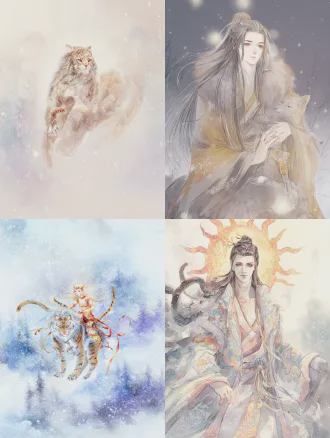 (国风奇幻寓言水彩绘本风:1.5)，(统一手绘水彩质感:1.4)，透明叠色晕染，柔和边缘笔触，雪夜暖柔光，统一治愈系寓言画面调性，全身完整立绘，全身照，8k超高清，极致细节，画面干净无冗余元素，艺术氛围感拉满 纯兽型雄性鼠群首领，身形小巧敏捷，体态灵动舒展，蓬松柔软的浅灰暖棕皮毛，圆溜溜的眼睛机警灵动，薄而灵敏的耳朵，纤细有力的爪尖，皮毛上布满(极浅淡、低饱和、若隐若现的浅金色谷穗、坚果壳纹理暗纹:1.2)，胸口与脸颊有柔焦弱化的暖光星点细痕，四肢有几乎与皮毛融为一体的雪花脉络浅纹，无强发光效果，纹路完全贴合皮毛质感，气质机警柔软，带着守护族群的责任感，背景为朦胧雪地松林水彩剪影，暖调治愈氛围