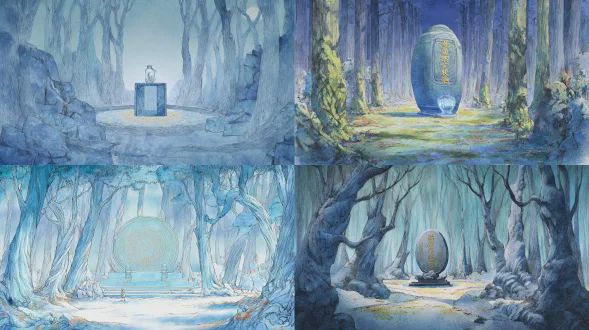 无人物、无动物、无任何生灵、纯空镜大场景，东方奇幻寓言水彩绘本风格，国际获奖插画质感，300g 粗纹水彩纸肌理，手工叠色晕染，干湿笔触结合，低饱和度高级配色，电影级光影叙事，超广角全景大画幅，极致景深，8k 超高清，细节拉满，画面干净通透，超广角全景视角，电影级宽银幕画幅；画面核心：千年森林古祭坛，巨大的环形石碑矗立在密林中央，石碑刻满上古符文，阵眼中央的青石上，静静躺着一只通透的玻璃罐，罐身刻着淡金色上古封印符文，周身泛着清冷的月白色柔光；环境光影：满月之夜，清冷皎洁的月光铺满全场，四周是高耸入云的千年古树，树影在月光下投出斑驳的纹路，地面铺满青苔与落叶，淡蓝与银白主色调，画面清冷神圣，水彩通透质感，空灵的秘境氛围感拉满