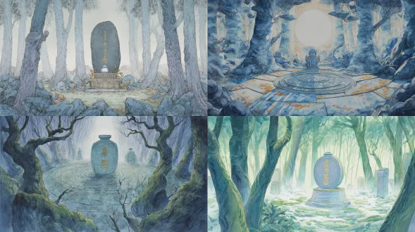 无人物、无动物、无任何生灵、纯空镜大场景，东方奇幻寓言水彩绘本风格，国际获奖插画质感，300g 粗纹水彩纸肌理，手工叠色晕染，干湿笔触结合，低饱和度高级配色，电影级光影叙事，超广角全景大画幅，极致景深，8k 超高清，细节拉满，画面干净通透，超广角全景视角，电影级宽银幕画幅；画面核心：千年森林古祭坛，巨大的环形石碑矗立在密林中央，石碑刻满上古符文，阵眼中央的青石上，静静躺着一只通透的玻璃罐，罐身刻着淡金色上古封印符文，周身泛着清冷的月白色柔光；环境光影：满月之夜，清冷皎洁的月光铺满全场，四周是高耸入云的千年古树，树影在月光下投出斑驳的纹路，地面铺满青苔与落叶，淡蓝与银白主色调，画面清冷神圣，水彩通透质感，空灵的秘境氛围感拉满