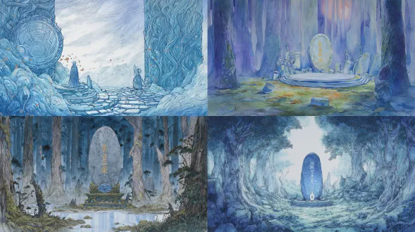 无人物、无动物、无任何生灵、纯空镜大场景，东方奇幻寓言水彩绘本风格，国际获奖插画质感，300g 粗纹水彩纸肌理，手工叠色晕染，干湿笔触结合，低饱和度高级配色，电影级光影叙事，超广角全景大画幅，极致景深，8k 超高清，细节拉满，画面干净通透，超广角全景视角，电影级宽银幕画幅；画面核心：千年森林古祭坛，巨大的环形石碑矗立在密林中央，石碑刻满上古符文，阵眼中央的青石上，静静躺着一只通透的玻璃罐，罐身刻着淡金色上古封印符文，周身泛着清冷的月白色柔光；环境光影：满月之夜，清冷皎洁的月光铺满全场，四周是高耸入云的千年古树，树影在月光下投出斑驳的纹路，地面铺满青苔与落叶，淡蓝与银白主色调，画面清冷神圣，水彩通透质感，空灵的秘境氛围感拉满