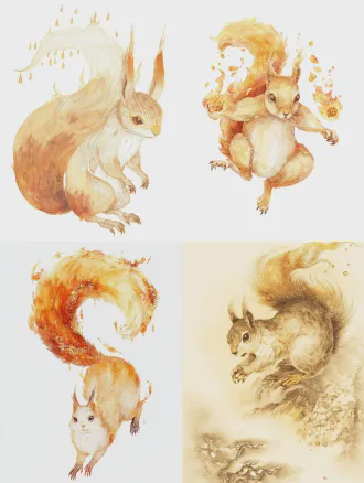 (国风奇幻寓言水彩绘本风:1.5), (统一手绘水彩质感:1.4), 透明叠色晕染, 柔和边缘笔触, 暖橙色篝火柔光, 雨夜暖冷对比光影, 统一治愈系寓言画面调性, 全身完整立绘, 全身照, 8k超高清, 极致毛发细节, 画面干净无冗余元素, 艺术氛围感拉满, 叙事感强 纯兽型雄性林鼠, 鼠群首领, 无化形无人形, 身形小巧敏捷, 体态灵动舒展, 蓬松柔软的浅灰暖棕皮毛, 皮毛上挂着细碎雨珠, 圆溜溜的大眼睛机警又胆怯, 神情激动又笃定, 薄而灵敏的粉调耳朵, 纤细有力的深色爪尖, 核心特征鼓鼓的颊囊, 气质机警柔软, 带着守护族群的责任感, 带着常年在匮乏与恐惧中生存的细微紧绷感 皮毛上分布(极浅淡、低饱和、若隐若现的浅金色谷穗纹路、坚果壳纹理暗纹:1.2), 纹路完全贴合皮毛生长肌理, 无具象食物图案, 胸口与脸颊有柔焦弱化的暖光星点细痕, 四肢有几乎与皮毛融为一体的雪花脉络浅纹, 无强发光效果, 无突兀高亮纹路 背景为森林废弃木屋内部, 木屋中央燃烧的篝火, 暖橙色光影包裹周身, 窗外暴雨倾盆, 木屋木墙斑驳肌理, 背景朦胧虚化, 突出主体角色