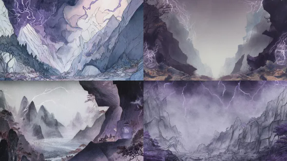 无人物纯空镜，东方奇幻水彩绘本风格，国际获奖插画质感，300g粗纹水彩纸肌理，手工叠色晕染，干湿笔触结合，低饱和度高级配色，电影级光影叙事，超广角全景大画幅，极致景深，8k超高清，画面干净通透，左侧山峰右侧暴雨峡谷，陡峭岩壁沟壑纵横，谷底碎石，悬崖边暗紫色雷光玻璃罐，乌云压顶暴雨天，岩壁瀑布，远处暴雨山林，暗紫色闪电划破夜空，冷冽光影，暗紫色与冷灰色主色调，暴雨动态模糊，戏剧冲突，荒野张力，电影级宽银幕画幅，广角镜头，侧光，细节拉满，通透干净。
