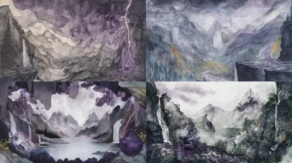东方奇幻寓言水彩绘本风格，国际获奖插画质感，无生灵空镜，左侧山峰，右侧暴雨峡谷，陡峭岩壁，谷底碎石，悬崖边暗紫色雷光玻璃罐，乌云暴雨，岩壁瀑布，远处山林，暗紫色闪电，冷灰色调，电影级光影叙事，超广角全景，极致景深，8k高清，手工水彩纸肌理，低饱和度配色，暴雨动态模糊，戏剧冲突，荒野张力