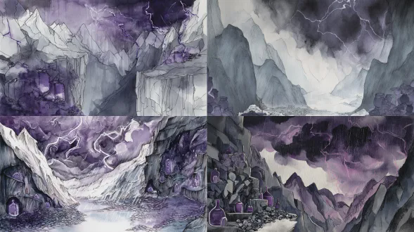 东方奇幻水彩绘本风格，纯空镜大场景，左侧山峰右侧暴雨峡谷，陡峭岩壁沟壑纵横，谷底碎石，悬崖边暗紫色雷光玻璃罐，乌云压顶暴雨如瀑，紫色闪电划破夜空，冷冽光影，手工叠色晕染，干湿笔触结合，低饱和度高级灰紫配色，电影级宽银幕画幅，超广角全景，极致景深，8k超高清，细节丰富，画面干净通透，强烈的戏剧冲突与荒野张力。