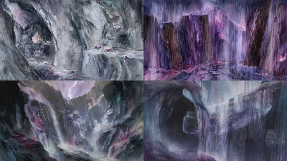 三面合围的峡谷绝壁，全景大画幅纵深广角构图，岩壁石缝中嵌着泛幽紫色微光的小玻璃罐，东方奇幻水彩绘本风格，手绘水彩质感，干湿结合笔触，暴雨倾盆，雨水冲刷成瀑布，雨幕动态模糊，碎石与暗红血迹，冷灰与暗紫色调，戏剧性光影，闪电硬光与幽紫微光对比，电影级色彩分级，8k超高清，锐化细节，富有哲思的寓言氛围。