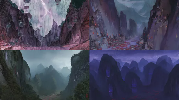全景大画幅纵深广角构图，三面合围的峡谷绝壁，暴雨倾盆，雨幕动态模糊，死角岩壁石缝嵌有泛幽紫色微光的小玻璃罐，谷底碎石残留暗红血迹，远处山林笼罩于暴雨浓雾中，电闪雷鸣，暗紫色与冷灰色主色调，戏剧冲突光影，极致明暗对比，东方奇幻寓言水彩绘本风格，传统手绘质感，干湿结合笔触，自然晕染肌理，富有哲思的叙事氛围，电影级光影与色彩分级，8k超高清，极致细节。