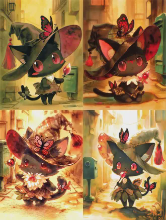 (masterpiece, best quality, 8k, ultra detailed), 1girl, mini cute black cat witch, 12cm tall, chibi, soft short black fur, white lycoris radiata shaped fur on chest, round wine red glass eyes, vermilion freckles on cheeks, butterfly-shaped cat ear tips, butterfly tail tip, a mini semi-transparent red-black butterfly on the top of head, witch hat made of old black stockings, petal-shaped brim, red tassel with lycoris radiata calyx, bud dress made of old plaid handkerchief, holding a magic wand with red glass top, warm golden light, watercolor illustration, children's picture book style, soft brush strokes, warm color palette, healing and cute, no dark elements, old alley background, abandoned green mailbox, soft focus, cinematic lighting