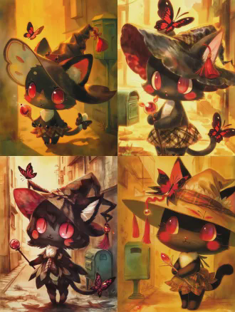 (masterpiece, best quality, 8k, ultra detailed), 1girl, mini cute black cat witch, 12cm tall, chibi, soft short black fur, white lycoris radiata shaped fur on chest, round wine red glass eyes, vermilion freckles on cheeks, butterfly-shaped cat ear tips, butterfly tail tip, a mini semi-transparent red-black butterfly on the top of head, witch hat made of old black stockings, petal-shaped brim, red tassel with lycoris radiata calyx, bud dress made of old plaid handkerchief, holding a magic wand with red glass top, warm golden light, watercolor illustration, children's picture book style, soft brush strokes, warm color palette, healing and cute, no dark elements, old alley background, abandoned green mailbox, soft focus, cinematic lighting