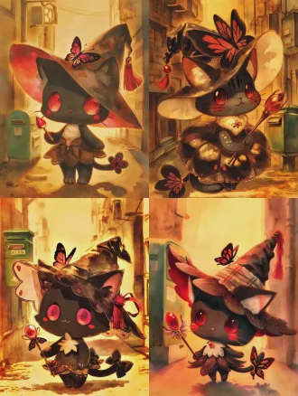 (masterpiece, best quality, 8k, ultra detailed), 1girl, mini cute black cat witch, 12cm tall, chibi, soft short black fur, white lycoris radiata shaped fur on chest, round wine red glass eyes, vermilion freckles on cheeks, butterfly-shaped cat ear tips, butterfly tail tip, a mini semi-transparent red-black butterfly on the top of head, witch hat made of old black stockings, petal-shaped brim, red tassel with lycoris radiata calyx, bud dress made of old plaid handkerchief, holding a magic wand with red glass top, warm golden light, watercolor illustration, children's picture book style, soft brush strokes, warm color palette, healing and cute, no dark elements, old alley background, abandoned green mailbox, soft focus, cinematic lighting