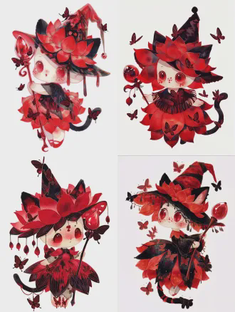 masterpiece，最佳画质，8k超高清，超精细，治愈水彩风，q版幼态人型小魔女，完整全身立绘 12cm高的迷你软萌小魔女，圆脸蛋，酒红色琉璃圆眼睛，朱砂色小雀斑，黑色猫耳，黑色蝴蝶尾尖猫尾 (核心主体：彼岸花花瓣拼接而成的尖顶魔女帽:1.4)，帽身是层层叠叠的正红色彼岸花花瓣，自然翻卷的花瓣帽檐，垂着彼岸花萼片与蝴蝶流苏 (红黑撞色连衣裙，满印彼岸花暗纹+立体蝴蝶刺绣:1.3)，裙摆为彼岸花花瓣造型，衣身装饰半透明蝴蝶纱片，旧物改造的温柔质感 手持红玻璃顶魔杖，身边环绕半透明红纹小蝴蝶，动作舒展自然 (纯白无背景:1.4)，光影柔和，整体童趣治愈，无暗黑元素，造型圆润无尖锐结构
