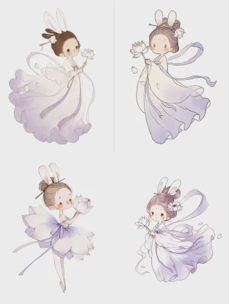 儿童绘本风格，通透柔和水彩质感，q 版幼态小神仙，身形修长优美、线条柔和流畅，不过分圆润饱满，完整全身，1:1 构图，纯白干净背景 形态优雅舒展，s 型柔和站姿，体态轻盈灵动不僵硬 昙花兔耳花仙桂盏，奶白色古风精致编发，头顶软萌白色垂耳兔耳，耳尖淡粉色晕染 圆润可爱的脸蛋，浅棕色清澈圆眼睛，脸颊浅黄小巧雀斑，低幼童趣又不失美感 身穿米白至淡紫渐变的昙花花瓣仙裙，轻盈薄纱裙摆，通透飘逸，腰间系淡紫丝带 发间点缀白色昙花花苞，手中轻握一朵盛开的昙花，身边环绕细碎昙花花瓣 整体治愈温柔，仙气干净，线条柔和，无尖锐造型，无成人化，无旧物无残页无杂物
