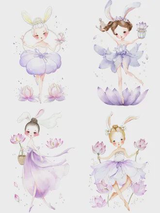 儿童绘本风格，通透柔和水彩质感，q 版幼态小神仙，身形修长优美、线条柔和流畅，不过分圆润饱满，完整全身，1:1 构图，纯白干净背景 形态优雅舒展，s 型柔和站姿，体态轻盈灵动不僵硬 昙花兔耳花仙桂盏，奶白色古风精致编发，头顶软萌白色垂耳兔耳，耳尖淡粉色晕染 圆润可爱的脸蛋，浅棕色清澈圆眼睛，脸颊浅黄小巧雀斑，低幼童趣又不失美感 身穿米白至淡紫渐变的昙花花瓣仙裙，轻盈薄纱裙摆，通透飘逸，腰间系淡紫丝带 发间点缀白色昙花花苞，手中轻握一朵盛开的昙花，身边环绕细碎昙花花瓣 整体治愈温柔，仙气干净，线条柔和，无尖锐造型，无成人化，无旧物无残页无杂物