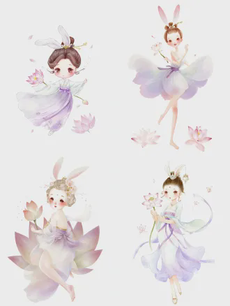 儿童绘本风格，通透柔和水彩质感，q 版幼态小神仙，身形修长优美、线条柔和流畅，不过分圆润饱满，完整全身，1:1 构图，纯白干净背景 形态优雅舒展，s 型柔和站姿，体态轻盈灵动不僵硬 昙花兔耳花仙桂盏，奶白色古风精致编发，头顶软萌白色垂耳兔耳，耳尖淡粉色晕染 圆润可爱的脸蛋，浅棕色清澈圆眼睛，脸颊浅黄小巧雀斑，低幼童趣又不失美感 身穿米白至淡紫渐变的昙花花瓣仙裙，轻盈薄纱裙摆，通透飘逸，腰间系淡紫丝带 发间点缀白色昙花花苞，手中轻握一朵盛开的昙花，身边环绕细碎昙花花瓣 整体治愈温柔，仙气干净，线条柔和，无尖锐造型，无成人化，无旧物无残页无杂物