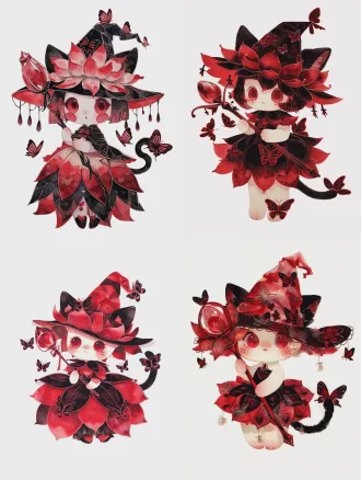 masterpiece，最佳画质，8k超高清，超精细，治愈水彩风，q版幼态人型小魔女，完整全身立绘 12cm高的迷你软萌小魔女，圆脸蛋，酒红色琉璃圆眼睛，朱砂色小雀斑，黑色猫耳，黑色蝴蝶尾尖猫尾 (核心主体：彼岸花花瓣拼接而成的尖顶魔女帽:1.4)，帽身是层层叠叠的正红色彼岸花花瓣，自然翻卷的花瓣帽檐，垂着彼岸花萼片与蝴蝶流苏 (红黑撞色连衣裙，满印彼岸花暗纹+立体蝴蝶刺绣:1.3)，裙摆为彼岸花花瓣造型，衣身装饰半透明蝴蝶纱片，旧物改造的温柔质感 手持红玻璃顶魔杖，身边环绕半透明红纹小蝴蝶，动作舒展自然 (纯白无背景:1.4)，光影柔和，整体童趣治愈，无暗黑元素，造型圆润无尖锐结构