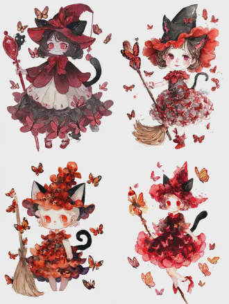 masterpiece，最佳画质，8k超高清，超精细，治愈水彩风，q版幼态人型小魔女，完整全身立绘 12cm高的迷你软萌小魔女，圆脸蛋，酒红色琉璃圆眼睛，朱砂色小雀斑，黑色猫耳，黑色蝴蝶尾尖猫尾 (核心主体：彼岸花花瓣拼接而成的尖顶魔女帽:1.4)，帽身是层层叠叠的正红色彼岸花花瓣，自然翻卷的花瓣帽檐，垂着彼岸花萼片与蝴蝶流苏 (红黑撞色连衣裙，满印彼岸花暗纹+立体蝴蝶刺绣:1.3)，裙摆为彼岸花花瓣造型，衣身装饰半透明蝴蝶纱片，旧物改造的温柔质感 手持红玻璃顶魔杖，身边环绕半透明红纹小蝴蝶，动作舒展自然 (纯白无背景:1.4)，光影柔和，整体童趣治愈，无暗黑元素，造型圆润无尖锐结构
