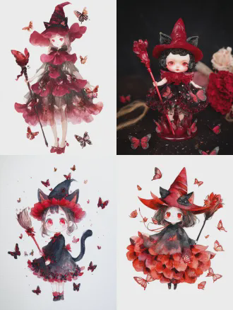 masterpiece，最佳画质，8k超高清，超精细，治愈水彩风，q版幼态人型小魔女，完整全身立绘 12cm高的迷你软萌小魔女，圆脸蛋，酒红色琉璃圆眼睛，朱砂色小雀斑，黑色猫耳，黑色蝴蝶尾尖猫尾 (核心主体：彼岸花花瓣拼接而成的尖顶魔女帽:1.4)，帽身是层层叠叠的正红色彼岸花花瓣，自然翻卷的花瓣帽檐，垂着彼岸花萼片与蝴蝶流苏 (红黑撞色连衣裙，满印彼岸花暗纹+立体蝴蝶刺绣:1.3)，裙摆为彼岸花花瓣造型，衣身装饰半透明蝴蝶纱片，旧物改造的温柔质感 手持红玻璃顶魔杖，身边环绕半透明红纹小蝴蝶，动作舒展自然 (纯白无背景:1.4)，光影柔和，整体童趣治愈，无暗黑元素，造型圆润无尖锐结构