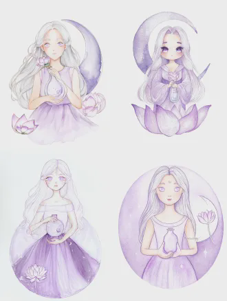 治愈系手绘绘本风格，水彩质感，柔和的线条，全身肖像，12厘米高迷你月神，圆脸浅紫琉璃圆眼，温柔表情，月光白长发，月白浅紫渐变仙裙，手持新月玻璃瓶，漂浮浅紫昙花，纯白背景，柔光，圆形无棱角，高细节，8k分辨率，大师杰作，最佳画质，超高清，软焦镜头，童话氛围，梦幻色彩，治愈情感