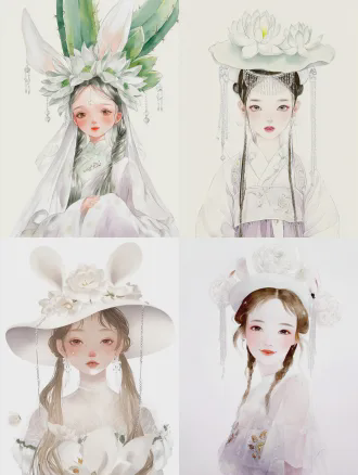 masterpiece, 最佳画质, 8k超高清, 通透柔和水彩绘本风格, q版幼态小神仙, 线条柔和优美, 不过分圆润臃肿, 完整全身立绘, 1:1正方形构图, 纯白干净背景 形态优雅舒展, 站姿灵动自然, 体态轻盈 昙花玉兔仙桂盏, 线条柔和的小圆脸蛋, 圆溜溜浅棕色琉璃圆眼睛, 带星星高光, 脸颊浅黄小巧雀斑, 温柔浅笑 奶白色柔长半编发, 发尾微卷, 发间点缀白色昙花花苞, 头顶软乎乎白色垂耳兔耳, 耳尖淡粉晕染, 耳内侧有昙花脉络 核心头饰: 层层叠叠白色昙花花瓣做成的花苞软帽, 帽檐垂着细银链白水晶流苏 身穿米白淡紫渐变昙花花瓣仙裙, 裙身绣满昙花暗纹与金线刺绣, 裙摆是层层叠叠半透明昙花花瓣, 通透飘逸 黑色小翻领, 半透明昙花脉纱质小飞袖, 腰间系淡紫丝带蝴蝶结, 垂着银链白水晶吊坠 身后一条蓬松白色小兔尾, 尾尖淡粉 手持木质魔杖, 顶端嵌着包裹昙花的通透白水晶球, 魔杖柄缠绕昙花藤蔓 脚穿米白色软底小皮鞋, 鞋绣淡紫昙花 身边环绕3只半透明昙花纹路白色小蝴蝶, 飘着细碎白色昙花花瓣