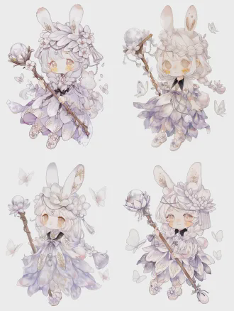 masterpiece, 最佳画质, 8k超高清, 通透柔和水彩绘本风格, q版幼态小神仙, 线条柔和优美, 不过分圆润臃肿, 完整全身立绘, 1:1正方形构图, 纯白干净背景 形态优雅舒展, 站姿灵动自然, 体态轻盈 昙花玉兔仙桂盏, 线条柔和的小圆脸蛋, 圆溜溜浅棕色琉璃圆眼睛, 带星星高光, 脸颊浅黄小巧雀斑, 温柔浅笑 奶白色柔长半编发, 发尾微卷, 发间点缀白色昙花花苞, 头顶软乎乎白色垂耳兔耳, 耳尖淡粉晕染, 耳内侧有昙花脉络 核心头饰: 层层叠叠白色昙花花瓣做成的花苞软帽, 帽檐垂着细银链白水晶流苏 身穿米白淡紫渐变昙花花瓣仙裙, 裙身绣满昙花暗纹与金线刺绣, 裙摆是层层叠叠半透明昙花花瓣, 通透飘逸 黑色小翻领, 半透明昙花脉纱质小飞袖, 腰间系淡紫丝带蝴蝶结, 垂着银链白水晶吊坠 身后一条蓬松白色小兔尾, 尾尖淡粉 手持木质魔杖, 顶端嵌着包裹昙花的通透白水晶球, 魔杖柄缠绕昙花藤蔓 脚穿米白色软底小皮鞋, 鞋绣淡紫昙花 身边环绕3只半透明昙花纹路白色小蝴蝶, 飘着细碎白色昙花花瓣