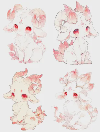 masterpiece, best quality, 8k ultra hd, ultra-detailed, 通透柔和治愈水彩绘本风格, soft watercolor rendering, clean smooth soft line art, soft diffuse light, delicate texture full body shot, complete full-body portrait, 1:1 square composition, pure solid white blank background, no extra scenery, no clutter, centered composition cute adorable baby mythical goat demon, animal only, no humans, no humanoid features, ultra-cute幼态baby form, sleek graceful well-proportioned baby figure, not chubby, not bloated, light and soft sitting posture, smooth elegant body lines, refined soft aesthetic feeling snow-white ultra-fluffy soft layered fur, fluffy and neat, no messy clumps, soft fur texture consistent with the reference picture, light and airy fur edges elegant gently twisted horns, naturally integrated with soft blooming tulip petal shapes, translucent soft pink gradient on horns, fine pearlescent sheen, tulip petal veins naturally blended on the horn surface, not stiff, not abrupt, natural fusion of tulip elements big round bright ruby red clear eyes, sparkling starry highlights, soft innocent healing expression, delicate small pink tulip-shaped markings on forehead, soft pink blush on cheeks soft large drooping lamb ears with pink gradient ear tips, elegant curled fluffy tail with faint tulip pattern at the end, soft fur on tail surrounded by floating soft pink tulip petals, faint warm pearlescent glow, pure innocent healing atmosphere, no extra props, no clothing, no extra decorations perfect anatomy, sharp focus, consistent with the watercolor style of the same series of ip, soft color matching, low saturation gentle color