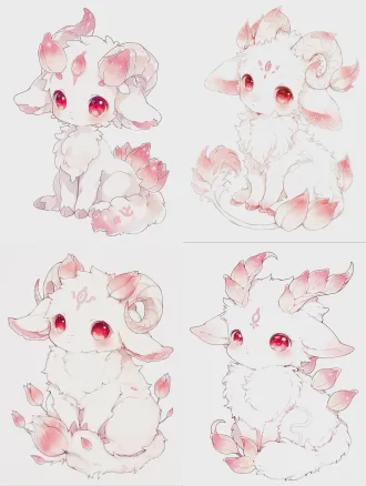 masterpiece, best quality, 8k ultra hd, ultra-detailed, 通透柔和治愈水彩绘本风格, soft watercolor rendering, clean smooth soft line art, soft diffuse light, delicate texture full body shot, complete full-body portrait, 1:1 square composition, pure solid white blank background, no extra scenery, no clutter, centered composition cute adorable baby mythical goat demon, animal only, no humans, no humanoid features, ultra-cute幼态baby form, sleek graceful well-proportioned baby figure, not chubby, not bloated, light and soft sitting posture, smooth elegant body lines, refined soft aesthetic feeling snow-white ultra-fluffy soft layered fur, fluffy and neat, no messy clumps, soft fur texture consistent with the reference picture, light and airy fur edges elegant gently twisted horns, naturally integrated with soft blooming tulip petal shapes, translucent soft pink gradient on horns, fine pearlescent sheen, tulip petal veins naturally blended on the horn surface, not stiff, not abrupt, natural fusion of tulip elements big round bright ruby red clear eyes, sparkling starry highlights, soft innocent healing expression, delicate small pink tulip-shaped markings on forehead, soft pink blush on cheeks soft large drooping lamb ears with pink gradient ear tips, elegant curled fluffy tail with faint tulip pattern at the end, soft fur on tail surrounded by floating soft pink tulip petals, faint warm pearlescent glow, pure innocent healing atmosphere, no extra props, no clothing, no extra decorations perfect anatomy, sharp focus, consistent with the watercolor style of the same series of ip, soft color matching, low saturation gentle color