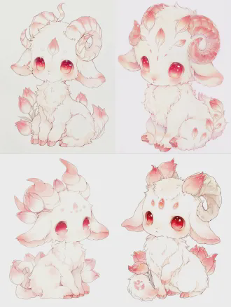 masterpiece, best quality, 8k ultra hd, ultra-detailed, 通透柔和治愈水彩绘本风格, soft watercolor rendering, clean smooth soft line art, soft diffuse light, delicate texture full body shot, complete full-body portrait, 1:1 square composition, pure solid white blank background, no extra scenery, no clutter, centered composition cute adorable baby mythical goat demon, animal only, no humans, no humanoid features, ultra-cute幼态baby form, sleek graceful well-proportioned baby figure, not chubby, not bloated, light and soft sitting posture, smooth elegant body lines, refined soft aesthetic feeling snow-white ultra-fluffy soft layered fur, fluffy and neat, no messy clumps, soft fur texture consistent with the reference picture, light and airy fur edges elegant gently twisted horns, naturally integrated with soft blooming tulip petal shapes, translucent soft pink gradient on horns, fine pearlescent sheen, tulip petal veins naturally blended on the horn surface, not stiff, not abrupt, natural fusion of tulip elements big round bright ruby red clear eyes, sparkling starry highlights, soft innocent healing expression, delicate small pink tulip-shaped markings on forehead, soft pink blush on cheeks soft large drooping lamb ears with pink gradient ear tips, elegant curled fluffy tail with faint tulip pattern at the end, soft fur on tail surrounded by floating soft pink tulip petals, faint warm pearlescent glow, pure innocent healing atmosphere, no extra props, no clothing, no extra decorations perfect anatomy, sharp focus, consistent with the watercolor style of the same series of ip, soft color matching, low saturation gentle color