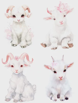 masterpiece, best quality, 8k ultra hd, ultra-detailed, 通透柔和治愈水彩绘本风格, soft watercolor rendering, clean smooth soft line art, soft diffuse light, delicate texture full body shot, complete full-body portrait, 1:1 square composition, pure solid white blank background, no extra scenery, no clutter, centered composition cute adorable baby mythical goat demon, animal only, no humans, no humanoid features, ultra-cute幼态baby form, sleek graceful well-proportioned baby figure, not chubby, not bloated, light and soft sitting posture, smooth elegant body lines, refined soft aesthetic feeling snow-white ultra-fluffy soft layered fur, fluffy and neat, no messy clumps, soft fur texture consistent with the reference picture, light and airy fur edges elegant gently twisted horns, naturally integrated with soft blooming tulip petal shapes, translucent soft pink gradient on horns, fine pearlescent sheen, tulip petal veins naturally blended on the horn surface, not stiff, not abrupt, natural fusion of tulip elements big round bright ruby red clear eyes, sparkling starry highlights, soft innocent healing expression, delicate small pink tulip-shaped markings on forehead, soft pink blush on cheeks soft large drooping lamb ears with pink gradient ear tips, elegant curled fluffy tail with faint tulip pattern at the end, soft fur on tail surrounded by floating soft pink tulip petals, faint warm pearlescent glow, pure innocent healing atmosphere, no extra props, no clothing, no extra decorations perfect anatomy, sharp focus, consistent with the watercolor style of the same series of ip, soft color matching, low saturation gentle color