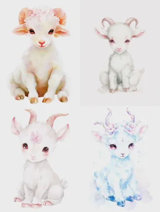 masterpiece, best quality, 8k ultra hd, ultra-detailed, 通透柔和治愈水彩绘本风格, soft watercolor rendering, clean smooth soft line art, soft diffuse light, delicate texture full body shot, complete full-body portrait, 1:1 square composition, pure solid white blank background, no extra scenery, no clutter, centered composition cute adorable baby mythical goat demon, animal only, no humans, no humanoid features, ultra-cute幼态baby form, sleek graceful well-proportioned baby figure, not chubby, not bloated, light and soft sitting posture, smooth elegant body lines, refined soft aesthetic feeling snow-white ultra-fluffy soft layered fur, fluffy and neat, no messy clumps, soft fur texture consistent with the reference picture, light and airy fur edges elegant gently twisted horns, naturally integrated with soft blooming tulip petal shapes, translucent soft pink gradient on horns, fine pearlescent sheen, tulip petal veins naturally blended on the horn surface, not stiff, not abrupt, natural fusion of tulip elements big round bright ruby red clear eyes, sparkling starry highlights, soft innocent healing expression, delicate small pink tulip-shaped markings on forehead, soft pink blush on cheeks soft large drooping lamb ears with pink gradient ear tips, elegant curled fluffy tail with faint tulip pattern at the end, soft fur on tail surrounded by floating soft pink tulip petals, faint warm pearlescent glow, pure innocent healing atmosphere, no extra props, no clothing, no extra decorations perfect anatomy, sharp focus, consistent with the watercolor style of the same series of ip, soft color matching, low saturation gentle color