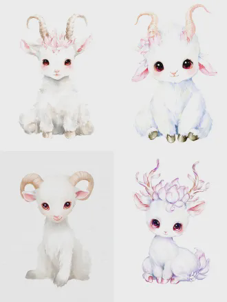 masterpiece, best quality, 8k ultra hd, ultra-detailed, 通透柔和治愈水彩绘本风格, soft watercolor rendering, clean smooth soft line art, soft diffuse light, delicate texture full body shot, complete full-body portrait, 1:1 square composition, pure solid white blank background, no extra scenery, no clutter, centered composition cute adorable baby mythical goat demon, animal only, no humans, no humanoid features, ultra-cute幼态baby form, sleek graceful well-proportioned baby figure, not chubby, not bloated, light and soft sitting posture, smooth elegant body lines, refined soft aesthetic feeling snow-white ultra-fluffy soft layered fur, fluffy and neat, no messy clumps, soft fur texture consistent with the reference picture, light and airy fur edges elegant gently twisted horns, naturally integrated with soft blooming tulip petal shapes, translucent soft pink gradient on horns, fine pearlescent sheen, tulip petal veins naturally blended on the horn surface, not stiff, not abrupt, natural fusion of tulip elements big round bright ruby red clear eyes, sparkling starry highlights, soft innocent healing expression, delicate small pink tulip-shaped markings on forehead, soft pink blush on cheeks soft large drooping lamb ears with pink gradient ear tips, elegant curled fluffy tail with faint tulip pattern at the end, soft fur on tail surrounded by floating soft pink tulip petals, faint warm pearlescent glow, pure innocent healing atmosphere, no extra props, no clothing, no extra decorations perfect anatomy, sharp focus, consistent with the watercolor style of the same series of ip, soft color matching, low saturation gentle color