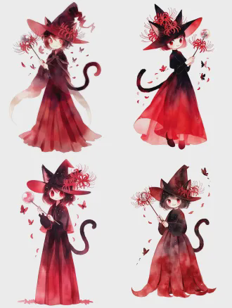通透柔和治愈水彩绘本风格，幼态小魔女全身肖像，居中构图，纯白背景。黑色猫耳猫尾渐变深红，深红彼岸花花瓣尖顶帽与渐变长裙，手持嵌有水晶球的魔杖。圆润红眸带自信微笑，身旁漂浮半透明花瓣与蝴蝶。柔和漫射光，软质线条，细腻纹理，低饱和度温柔配色，温暖治愈氛围，8k超高清细节。