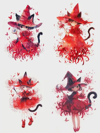 通透柔和治愈水彩绘本风格，ip角色设计，全身肖像，纯白背景，居中构图，幼态小女巫，黑色猫耳与猫尾，深红渐变彼岸花花瓣魔帽与连衣裙，手持镶有水晶球的魔杖，表情柔和自信，周围漂浮彼岸花瓣与半透蝴蝶，软性漫射光，柔和生动，温暖治愈，低饱和度配色，完美解剖，锐利聚焦，8k超高清。